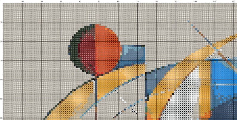 May include: Abstract geometric pattern with a large circle in the upper left corner. The circle is made up of red, orange, green, and black squares. The rest of the pattern is made up of yellow, blue, and white squares.