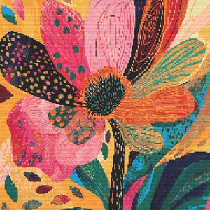 May include: A colourful abstract flower with pink, orange, yellow, green, and black petals. The flower is surrounded by smaller leaves and petals.