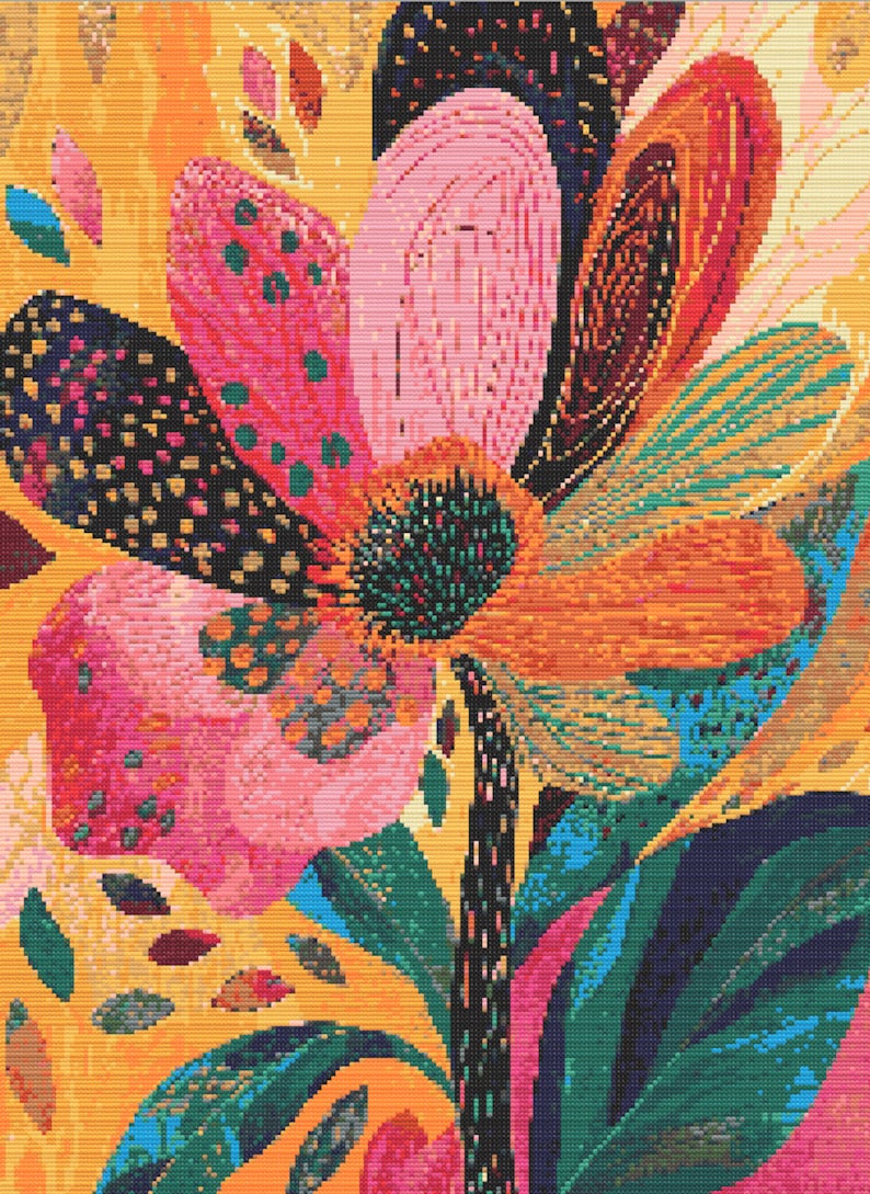 May include: A colourful abstract flower with pink, orange, yellow, green, and black petals. The flower is surrounded by smaller leaves and petals.