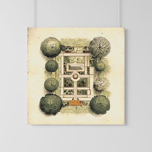 Op de afbeelding: Een antieke prent van een formele tuinindeling, met een centraal rechthoekig ontwerp met paden, bloembedden en een centrale structuur. De prent is omgeven door gestileerde, ronde, groene bomen, tegen een beige achtergrond.