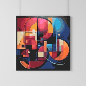 Può includere: Stampa d'arte geometrica astratta con cerchi e quadrati sovrapposti in tonalità di rosso, arancione, blu e giallo su sfondo nero.