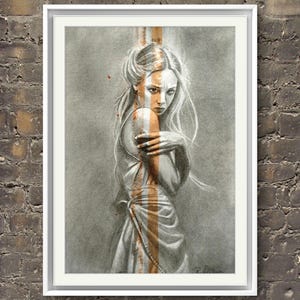 Disegno originale con matite di grafite, polvere di grafite e pittura ad acquerello su carta, formato A4