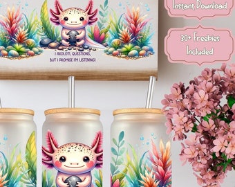 May include: Three clear glass tumblers with a colorful axolotl design and the text "I axolotl questions, but I promise I'm listening". The tumblers have a wooden lid and a straw.