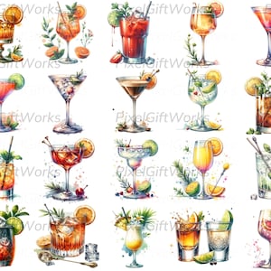 Getränk-Cocktail-Bundle PNG, Cocktail-Illustrations-Clipart-Bündel, Illustrative Designs, Benutzerdefinierter Signature-Cocktail, Menü-Briefpapier-Aquarell