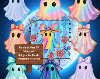 Pacote PNG de Fantasmas Holográficos: Clipart de Halloween com Glitter Pastel (Download Digital)