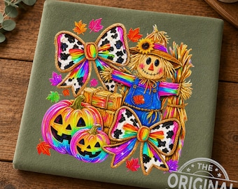 Rainbow Scarecrow Fall Sublimation Design, Colorful Pumpkins, Cow Print Bow (Digital File)