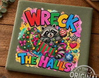 Wreck The Halls Raccoon Christmas PNG, Funny Holiday Lights Graphic (Digital Download)