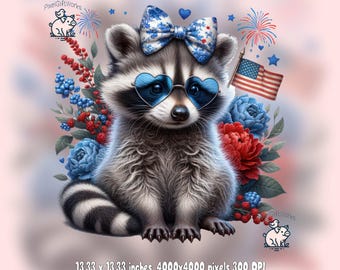 July 4th Raccoon PNG, American USA, Coquette Sublimation Design (Digital Download)