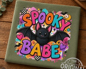 Spooky Babe Bat PNG, Neon Grunge Halloween Design (Digital Download)