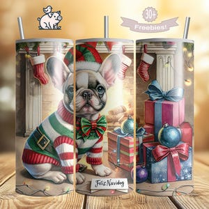 Schattige Franse bulldog 20 oz magere beker wrap, kerstkaart png, Frenchie Feliz Navidog kerstontwerpcadeau voor hondenliefhebbers Frenchie Mama