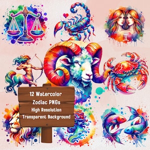 Sternzeichen Clipart Bundle, Aquarell Sublimationsdesign, Sternzeichen PNGS, transparenter Hintergrund, Horoskop Geburtstagsgeschenke, digitaler Download