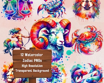 Puede incluir: Doce signos del zodíaco en acuarela con fondo transparente. Los signos son: Libra, Escorpio, Géminis, Aries, Cáncer, Piscis, Leo, Virgo, Sagitario, Capricornio, Acuario y Tauro.