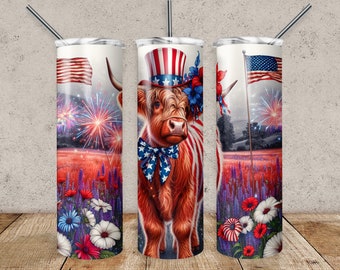 4th of July Highland Cow Tumbler: American Flag Sublimation Design (Digital Download)