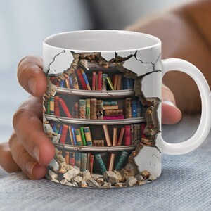 3D Bookshelf Mug Sublimation Design: Book Lover Coffee Mug Wrap (Digital Download)