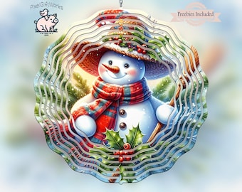 May include: A metal wind spinner with a snowman design. The snowman is wearing a red and white scarf, a brown hat, and holding a broom. The background is a winter scene with snow and pine trees.