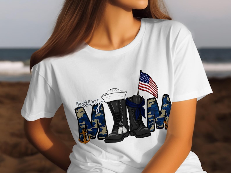Navy Mom Sublimation Design, Camo Letters, Patriotic Boots (Digital Download) image 1