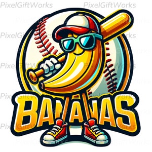 Let's Go Bananen Baseball PNG Sport Team Maskottchen Lustige Banane Spielen Baseball Sublimation Digitaler Download Druckbares Shirt Bekleidung