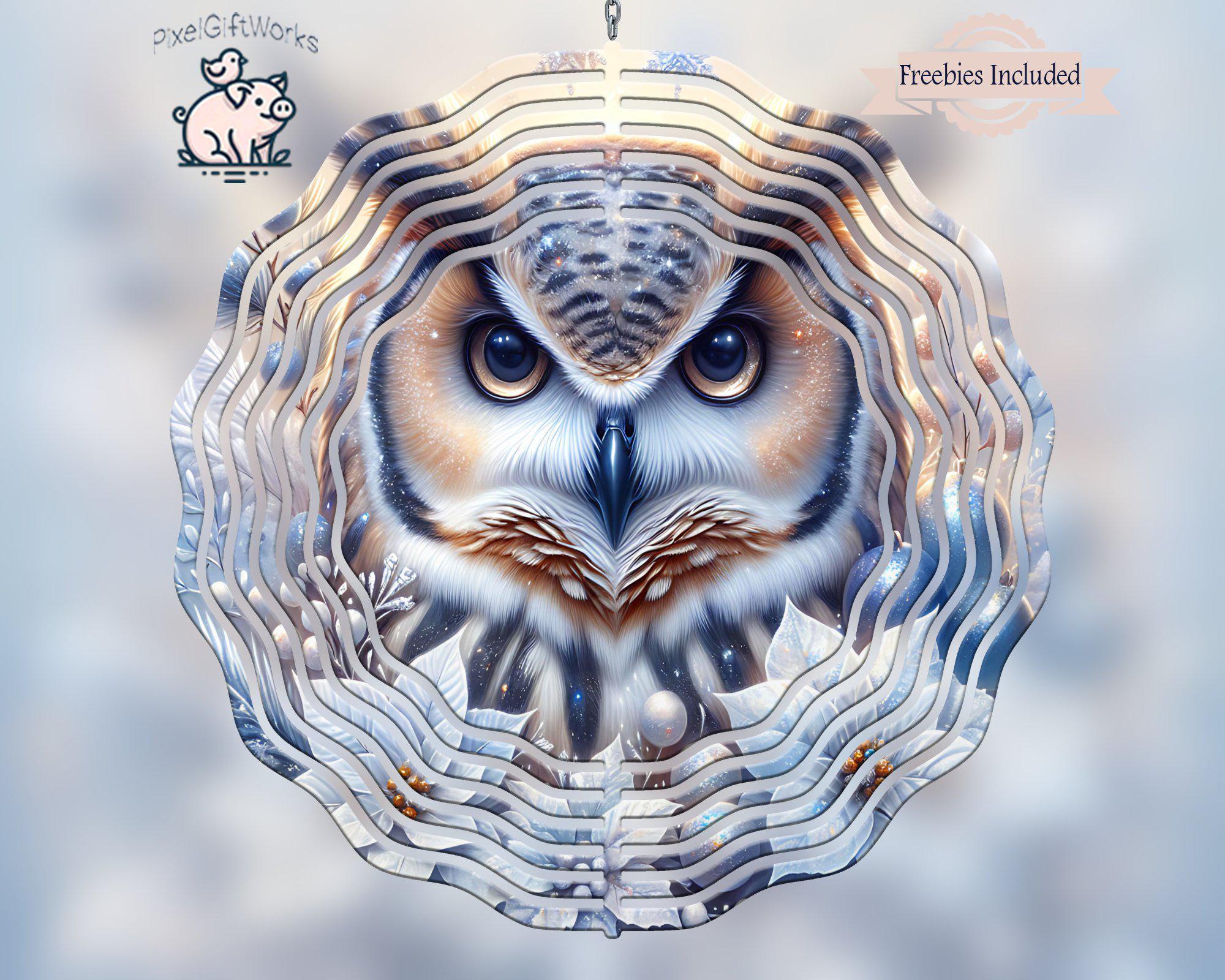 Owl Wind Spinner PNG, Winter Floral Sublimation Design, Christmas Sublimate Windspinner Template, Di