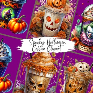 30 Halloween Coffee Clipart Set, Scary Gothic Watercolor Hot Coffee Drink Clipart Bundle, Spooky Season PNG Bundle, Pumpkin Designs Download