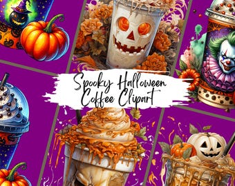 Halloween Coffee Clipart: Spooky Gothic Watercolor PNG Bundle (30 Designs)