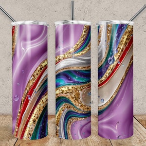 Rainbow Marble Tumbler Wrap: Neon Gold Glitter Sublimation Design (PNG File)
