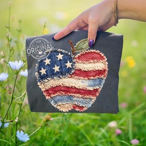 May include: A dark gray pillow with an apple design. The apple is made of denim and red fabric, resembling the American flag. The apple has a brown stem and a green leaf. The text "THE ORIGINAL DESIGN" is printed on the pillow.