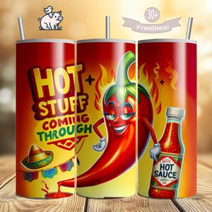 May include: Three red insulated tumblers with a "Hot Stuff" theme. One features a smiling chili pepper, another has a sombrero and the text "Hot Stuff Coming Through", and the third has a hot sauce bottle.