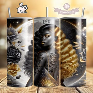 Leo Zodiac Tumbler Wrap: African American Woman, Celestial Design (PNG Digital Download)