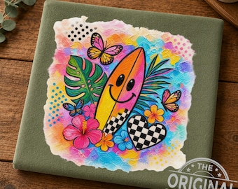 Surfboard Smiley Face PNG, Y2K Sublimation Art, Colorful Summer Beach Tropical (Digital Download)
