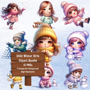 12 Chibi Girl Clipart Bundle, Winter Sublimation Design, Cute Chibi Doll, Kawaii PNGs, Anime Sublimate Transparent Digital Download Clip Art