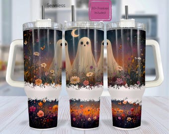 Ghost Halloween Tumbler Wrap, Moth Floral Design (40oz PNG Digital Download)