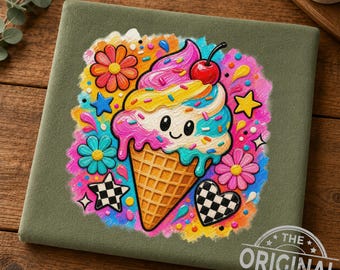 Kawaii Ice Cream Cone PNG, Happy Treat Art, Vibrant Dessert Clipart (Digital Download)