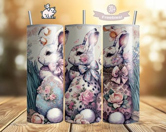 Envoltura para vaso con diseño floral de conejito: Diseño PNG vintage coqueto (descarga digital)