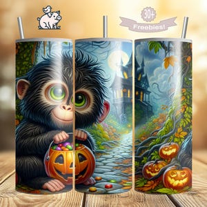 Halloween Monkey Tumbler Wrap: Haunted House Design (PNG Digital Download)
