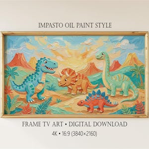 Puede incluir: Una pintura al óleo impasto enmarcada que presenta una escena alegre de cuatro dinosaurios en un paisaje colorido. Los dinosaurios son un Tyrannosaurus Rex azul, un Triceratops naranja, un Brachiosaurus verde y un Stegosaurus rojo. El fondo incluye montañas y un cielo brillante.