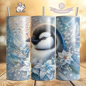 Watercolor Penguin Tumbler Wrap: Winter Floral 20oz Skinny Tumbler (PNG Download)