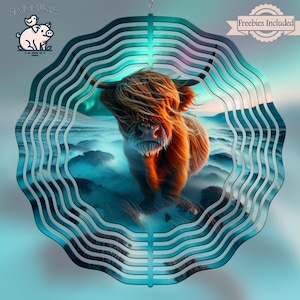 Highland Cow Wind Spinner Sublimation Digital Download, Northern Lights DIY Garden Art, Porch Decor, Spinner Template, Wind Spinner PNG
