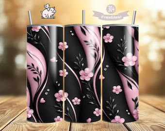 Pink Floral Black Tumbler Wrap, Seamless 20oz Sublimation Design PNG (Digital Download)