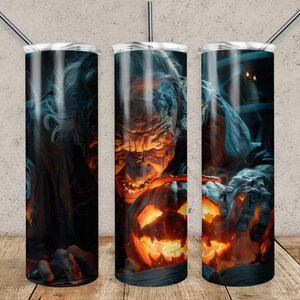 Halloween Neon Old Man Tumbler Wrap Seamless Jack O Lantern PNG, 20 oz Skinny Tumbler Sublimation Design Halloween Digital Straight Design