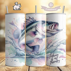 Fishing is My Therapy Tumbler Wrap, Bass Sublimation Design, 20 oz Skinny Digital Download File, Funny Fisherman PNG, 20oz Fishing Sublimate