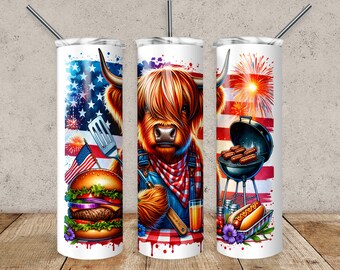 4th of July Highland Cow Tumbler: American Flag Sublimation Design (Digital Download)