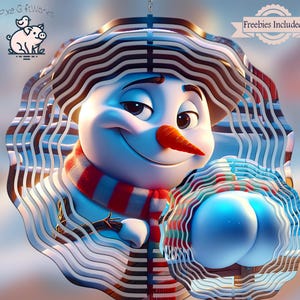 May include: A metal wind spinner featuring a cartoon snowman with a red and white scarf holding a snowball. The snowman is smiling and has a carrot nose. The wind spinner has a layered design with wavy lines.