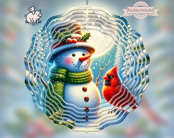May include: A whimsical winter-themed hanging decoration featuring a snowman with a red cardinal. The snowman wears a hat, scarf, and has a carrot nose. The decoration has a layered, circular design with the text "Freebies Included".