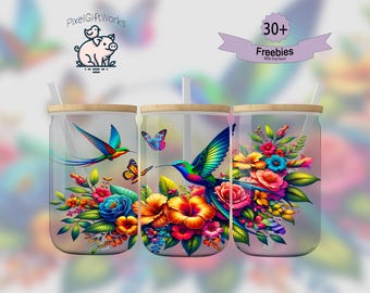 Hummingbird Butterfly Glass Can Wrap: Floral Tropical Design (Digital Download)