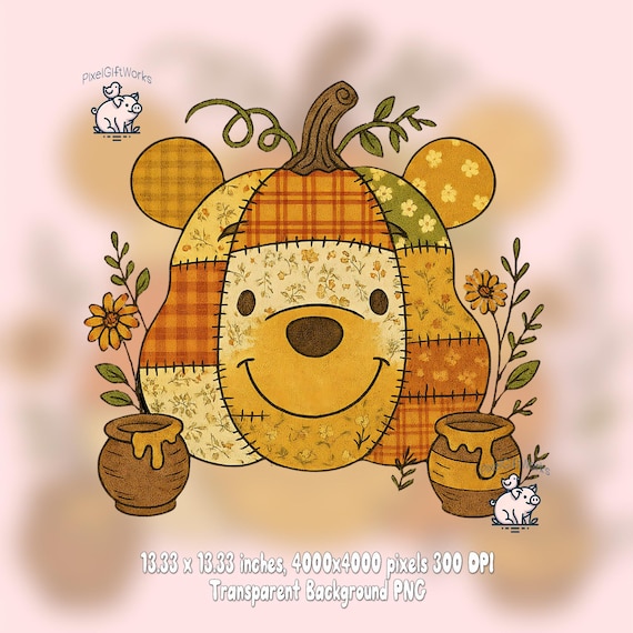 Winnie the Pooh PNG: Floral Patchwork Design, Bonus Tumbler Wrap Included (Digital Download)