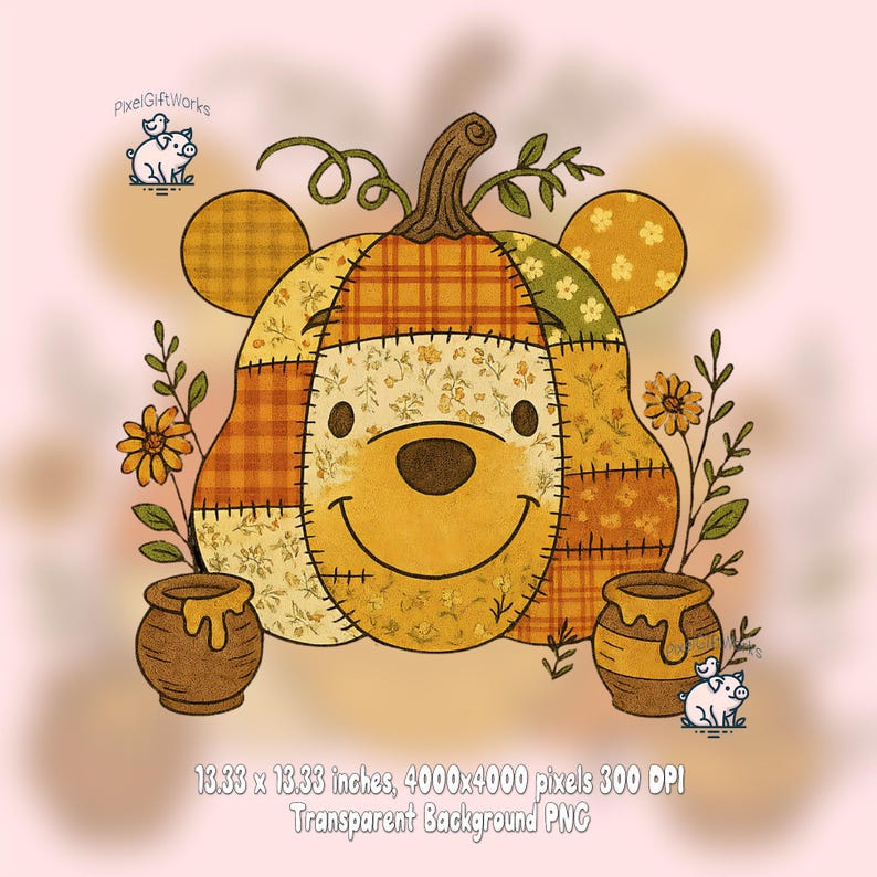 Handmade Autumn Bear Patchwork Design Digital Download, Cute Fall Graphics, High Resolution 4000x4000 PNG