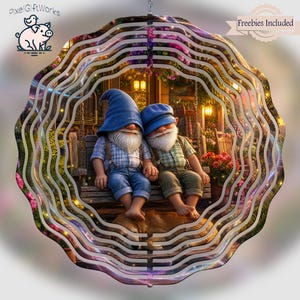 May include: A circular metal wind spinner featuring a scalloped edge and a central image of two gnomes with white beards sitting on a wooden bench with a dog. The gnomes wear blue hats, plaid shirts, and suspenders. Text includes PixelGiftWorks and Freebies Included.