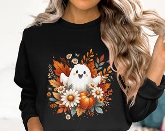 Retro Ghost Pumpkins PNG, Floral Fall Design (Digital Download)