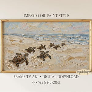 May include: Impasto oil painting of sea turtles on a sandy beach, framed in gold. The artwork depicts the turtles moving towards the ocean, with textured brushstrokes in shades of beige, blue, and white. The text "IMPASTO OIL PAINT STYLE" is at the top.