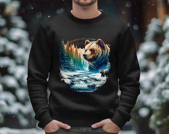 May include: Black sweatshirt with a colorful graphic of a bear in a snowy forest scene. The bear is looking to the left and there is a smaller bear in the background.